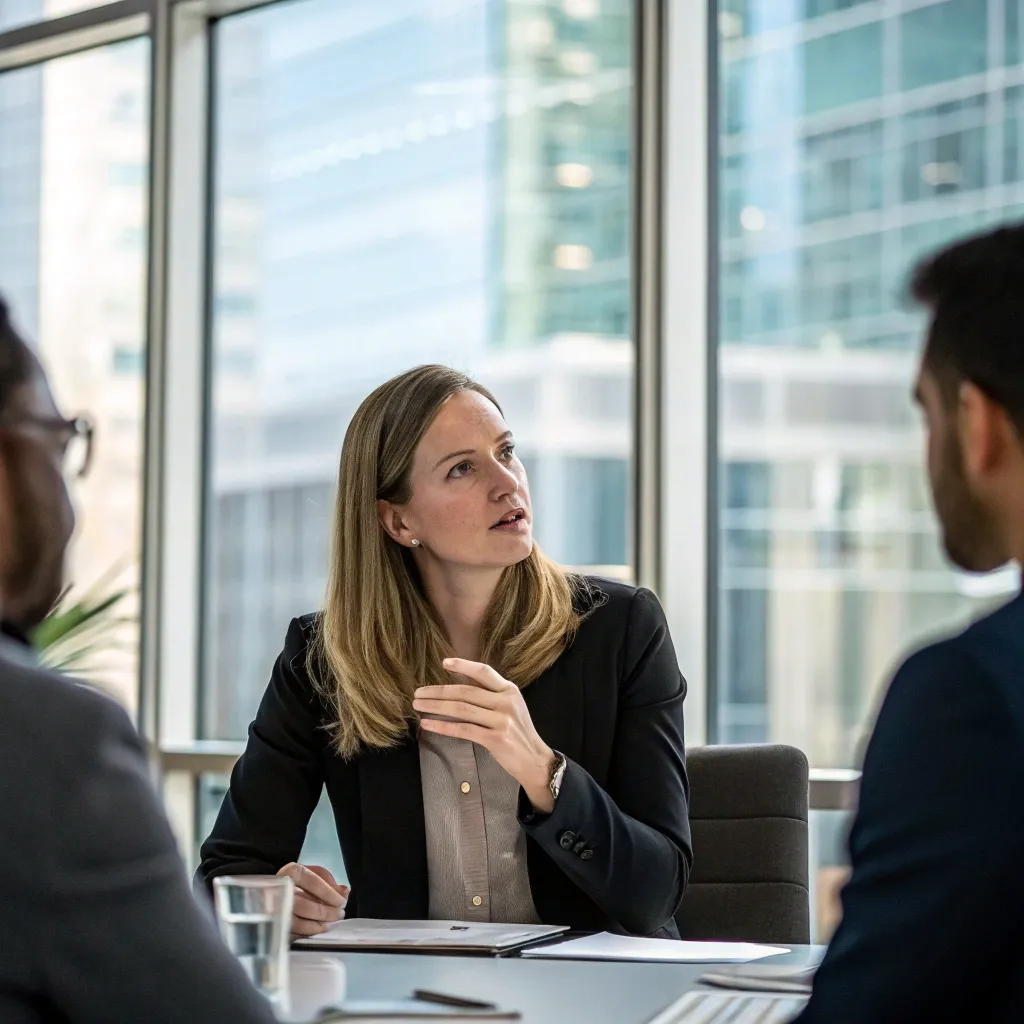 Emily discussing in a professional setting